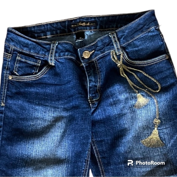 South Pole Women Blue Jeans Flared Bootcut Mid Rise Gold Embroidery Size 11 - Picture 8 of 10